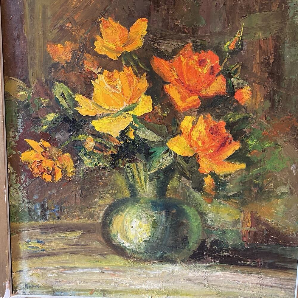 Vintage Original Oil Painting Still Life Flowers Vase Abstract Signed Framed